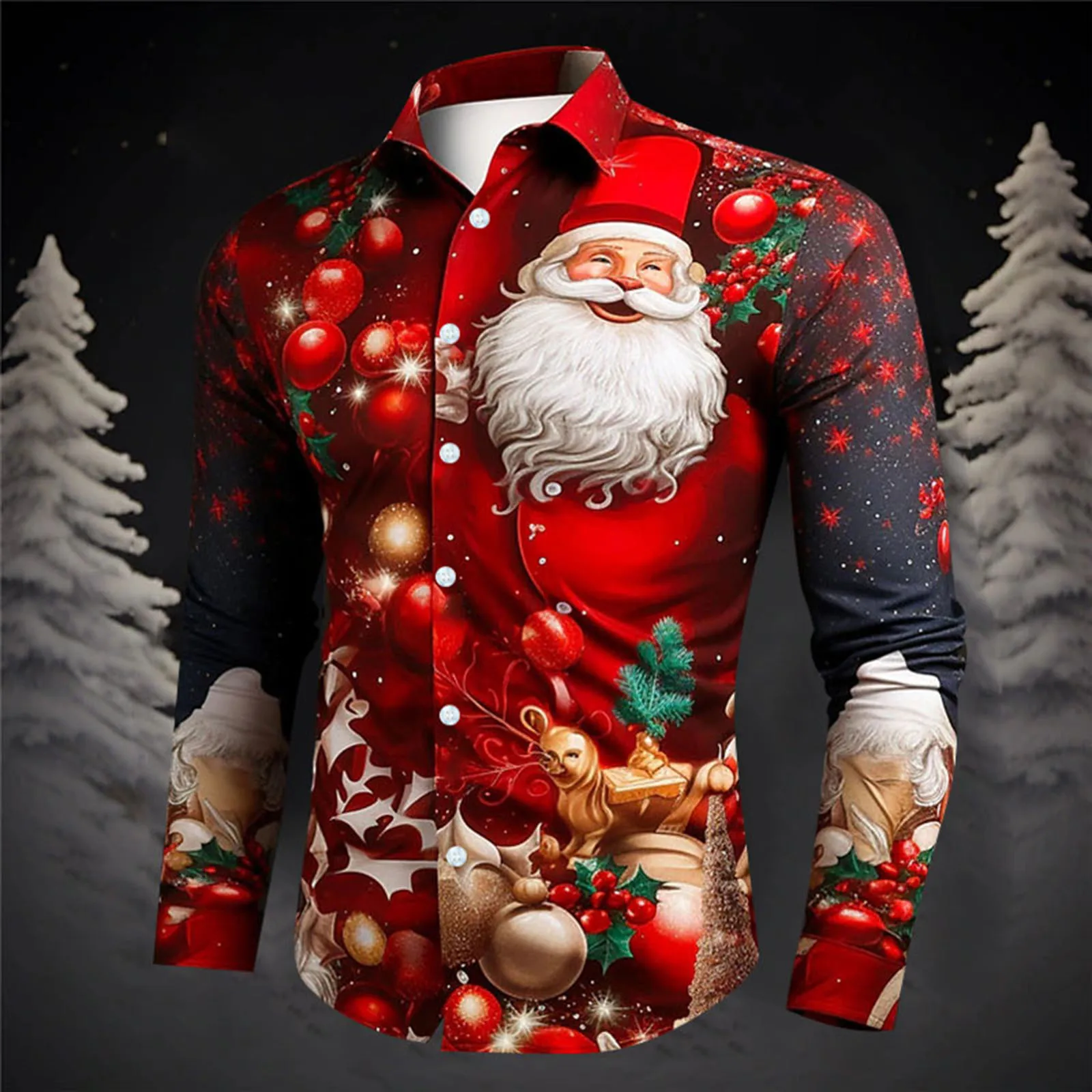 Christmas Casual Print Men\'s Shirts Hawaii Long Sleeve Lapel Button Floral Slim Fit Blouse Oversize Cartoon Elk Santa Claus Tops