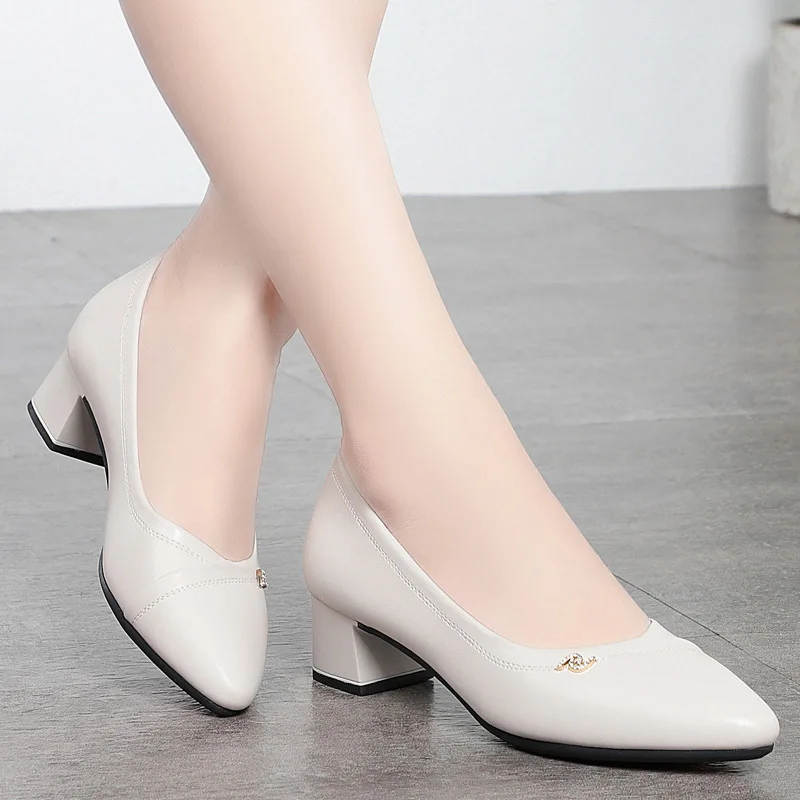 Women Fashion High Quality Black Soft Leather Office Shoes  High Heel Dress Singles Pumps For Party Anti-slip Comfortable Grace