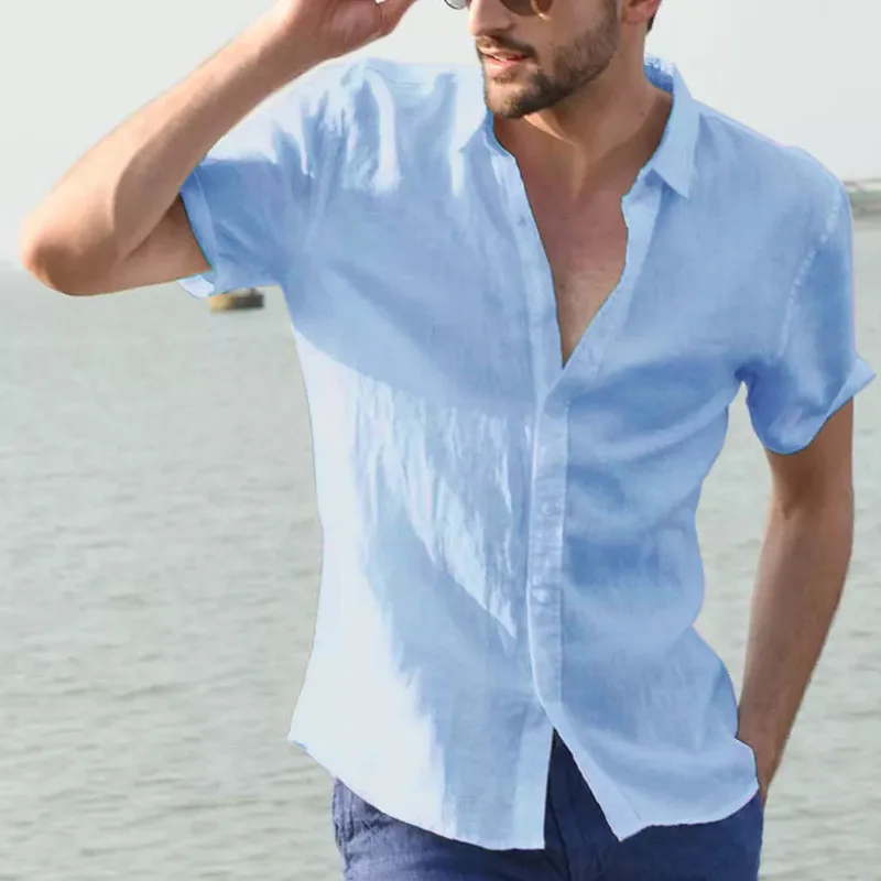 Camisa de algodão de manga curta para homens, casual e moda, cor sólida, single-breasted, lapela, novo design de verão