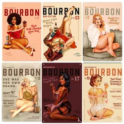 Vintage Bourbon Sexy Whiskey Girl Metal Tin Sign Wall Decor Art Posters for Home Bar Club Restaurants