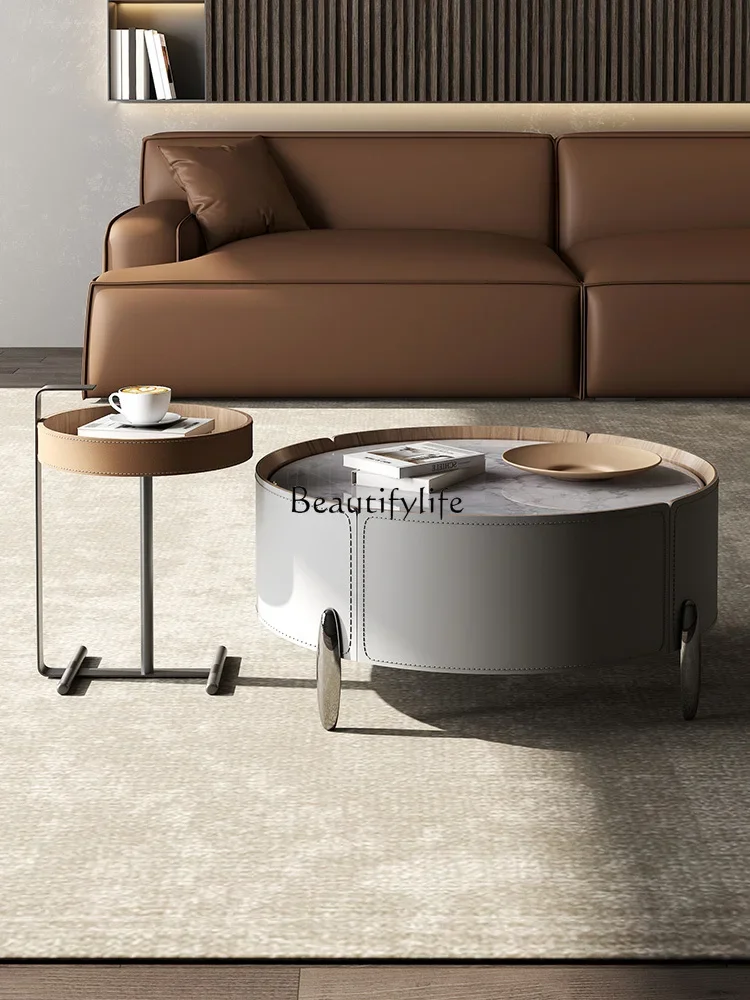 Italian round rock slab coffee table combination simple cream saddle leather solid wood edge table