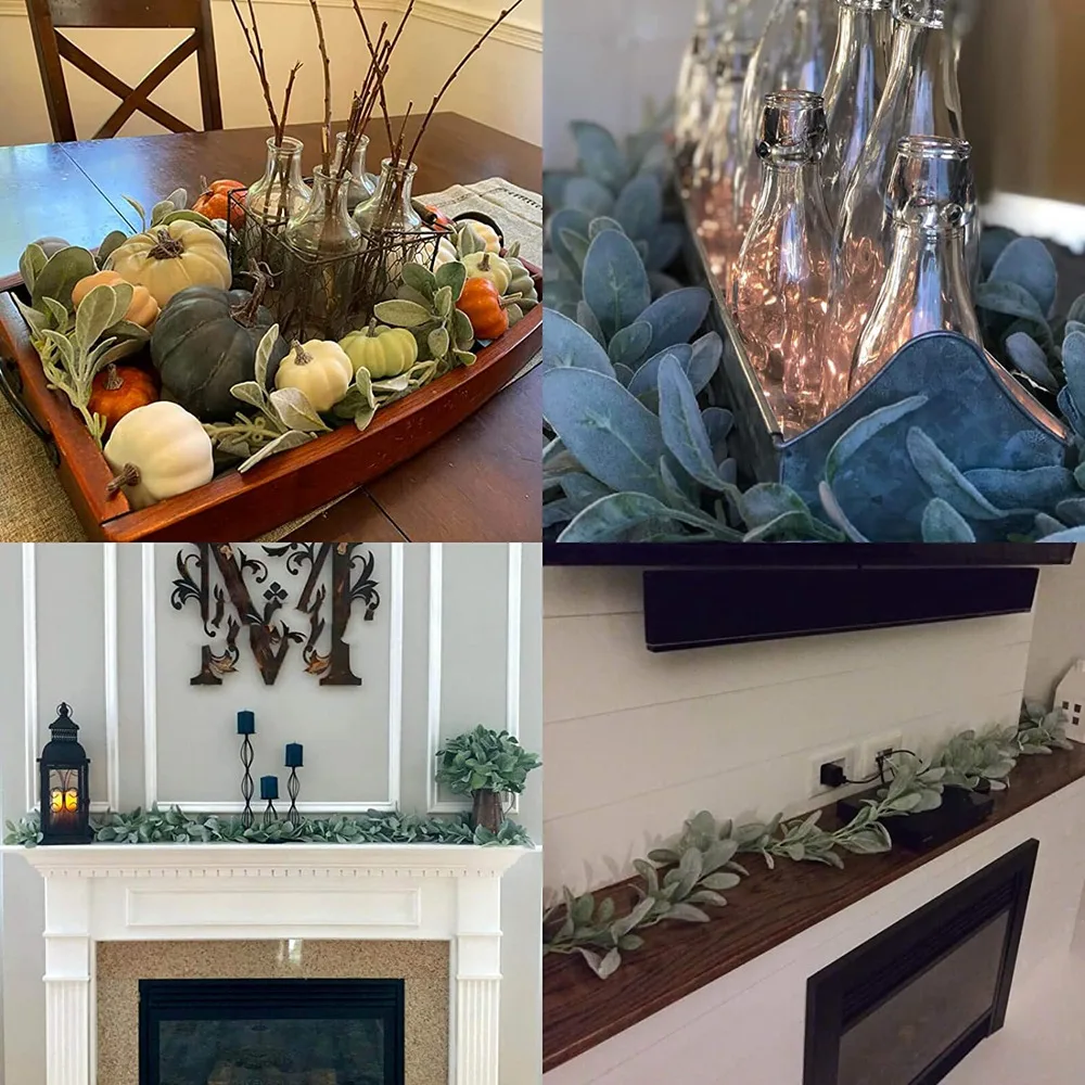 Guirxiété d'oreilles d'agneau floquées artificielles, fausse vigne douce, verdure et feuilles pour décor de manteau de cabane à cadre, 6 fédérations/pièces, 2 pièces