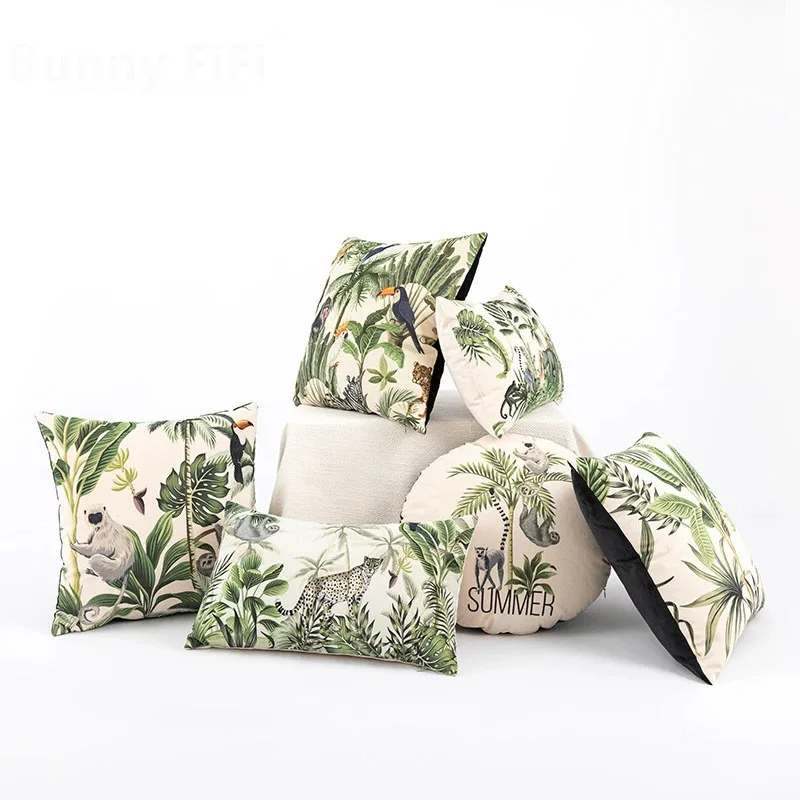 Tropical Jungle Flora Fauna Cushion Cover Velvet Cartoon Print Pillow Cover Square Round Hawaiian Decorative Pillows for Sofa