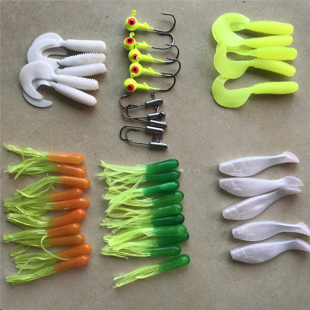 35Pcs Soft Worm Fishing Baits + 10  Jig Head Hooks Simulation Lures Tackle Set