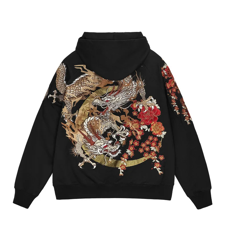 2023 Hoodie Sweatshirt Men Streetwear Retro Dragon Embroidery Hooded Cotton Harajuku Zipper Hoodie Hip Hop Clothing