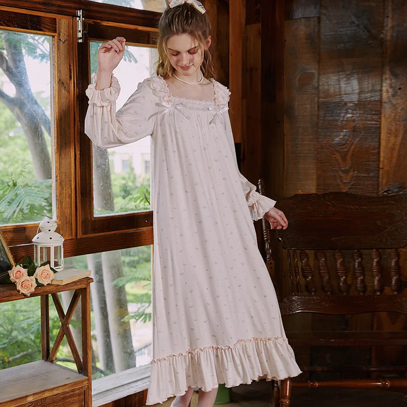 

Autumn Floral Modal Night Dress Princess Sleepwear Sweet Women Solid Color Nightdress Fairy Cute Nightwear Lace Long Nightown