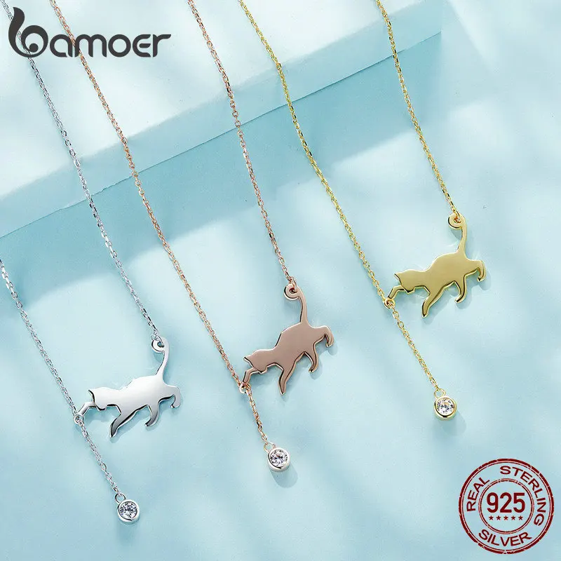 BAMOER S925 Sterling Silver Cat Necklace Cute Silver Cat Pendant Collarbone Necklace for Women SCN232 3 Colors