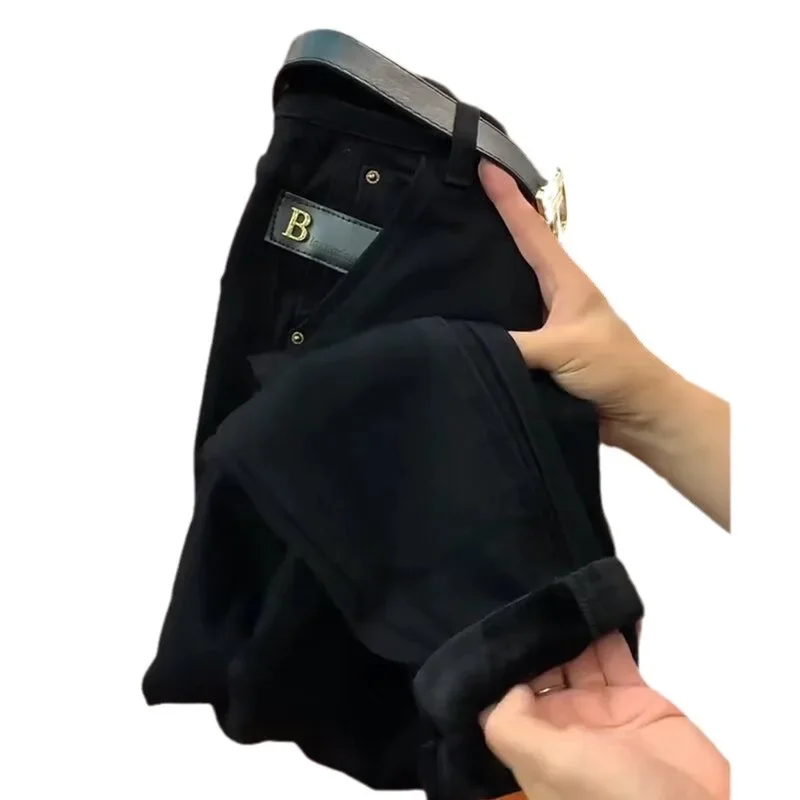 حجم كبير مبطن بالصوف الدنيم أبي السراويل النسائية فضفاضة تناسب الخريف الشتاء حجم كبير شقيقة التخسيس تسع نقاط سراويل هارلان #5