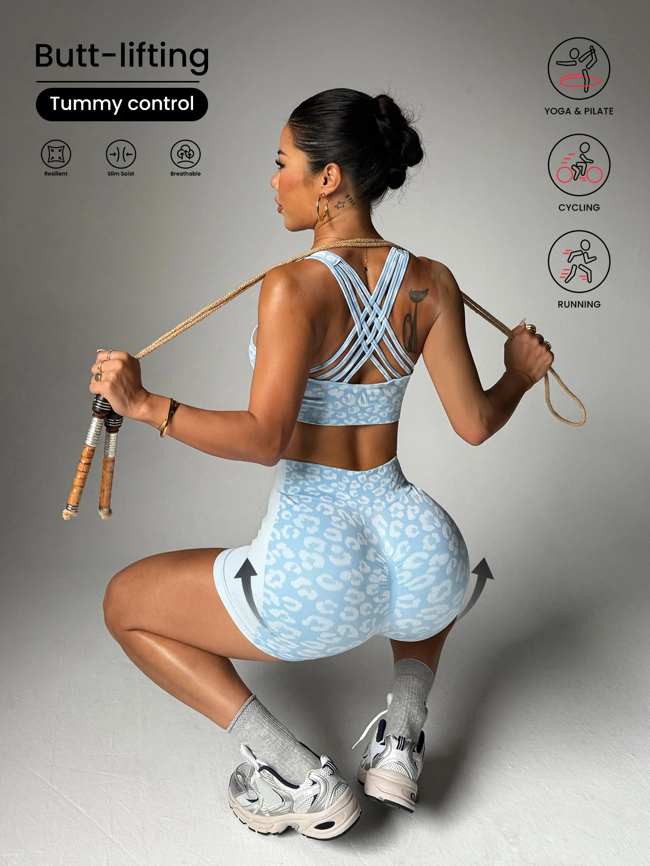 

High-waisted waist-shaping leopard print tight breathable fitness yoga outfit, double-strap cross-back camisole yoga set