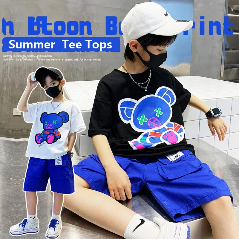 Summer Casual School Kids Cotton Color Cartoon Print Tee Tops Girls Boys Short-Sleeved T-Shirt Children Outfit Clothing 1-16Yrs