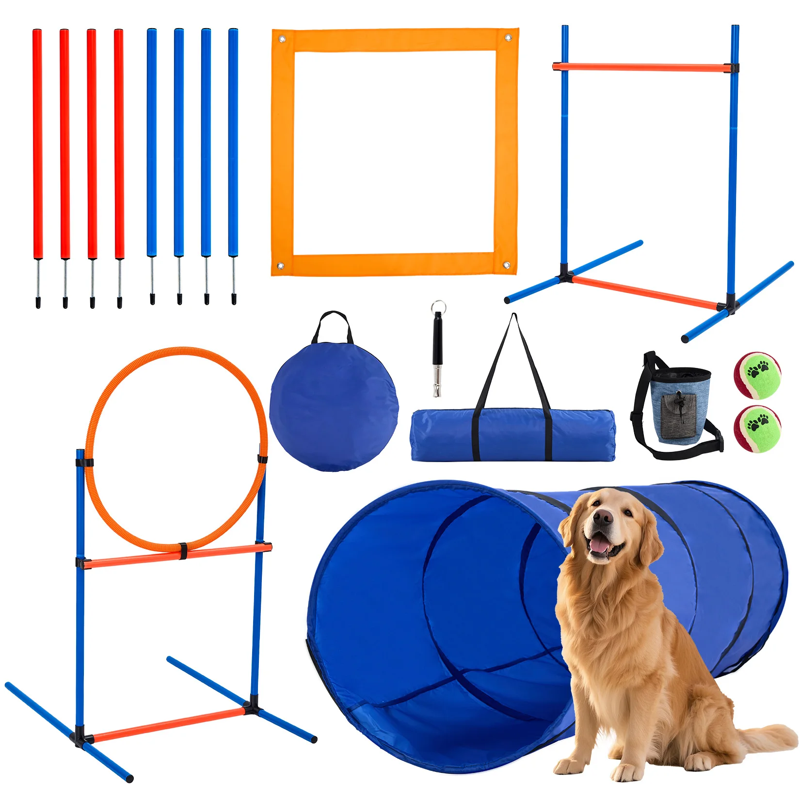5-in-1 Dog Dexterity Training Set, Portable Backyard Obstacle Course Kit - Tunnel, Adjustable Jump Hurdle, Jump Ring, Weave Poles & Pause Box for Puppy Exercise