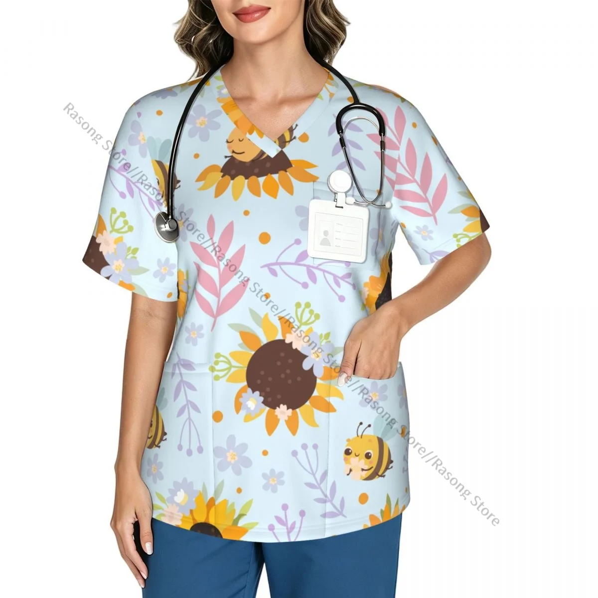 Women Scrubs Blouse Medical Nurse V-neck Clinical Scrubs Top Bees And Sunflowers Operating Room Work T-shirt