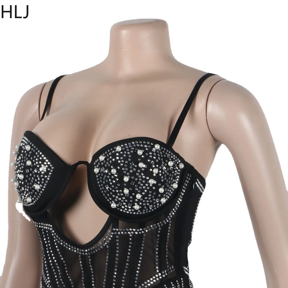 HLJ Fashion Luxury Rhinestone Pearls Bodycon Party Club Suspenders Dress Women Thin Strap Backless Slim Mini Dress Sexy Vestidos