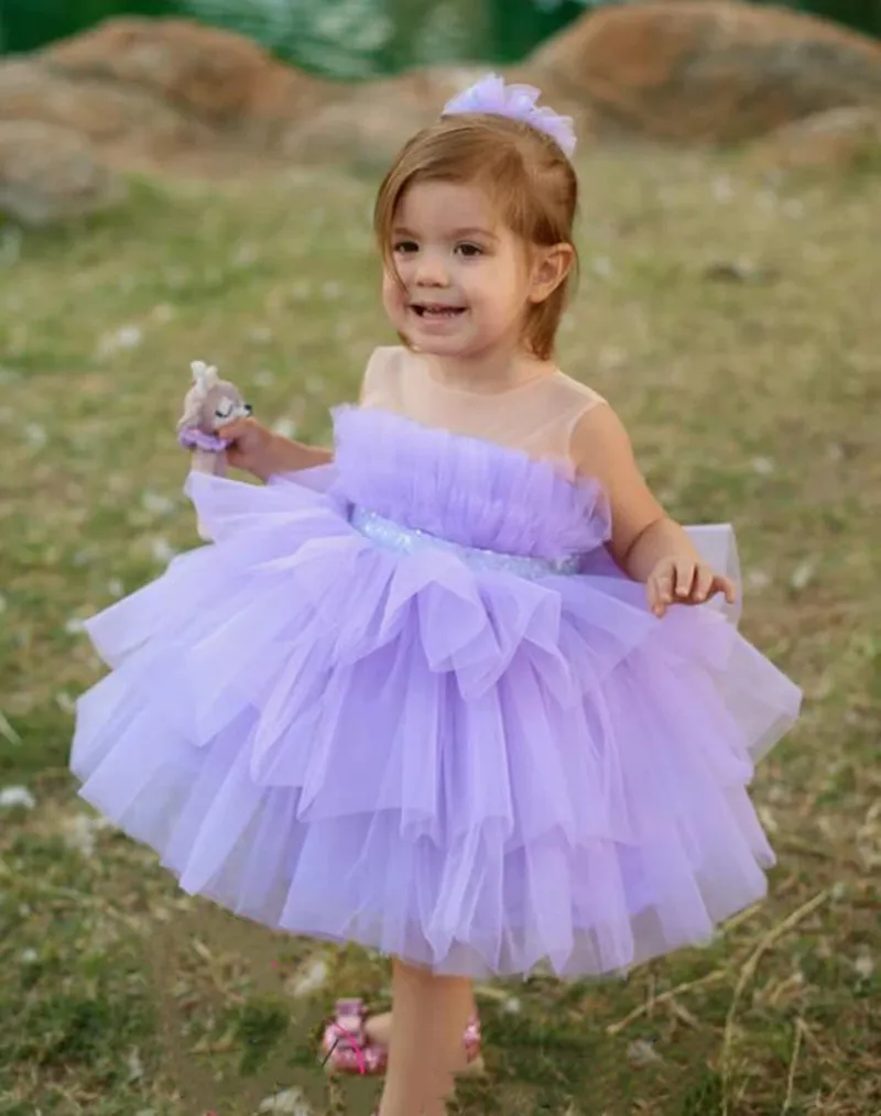 Abito da compleanno per neonata lilla fatto a mano con strati di fiocco abito da festa di natale in Tulle cerimonia speciale Vestido Tutu per ragazze