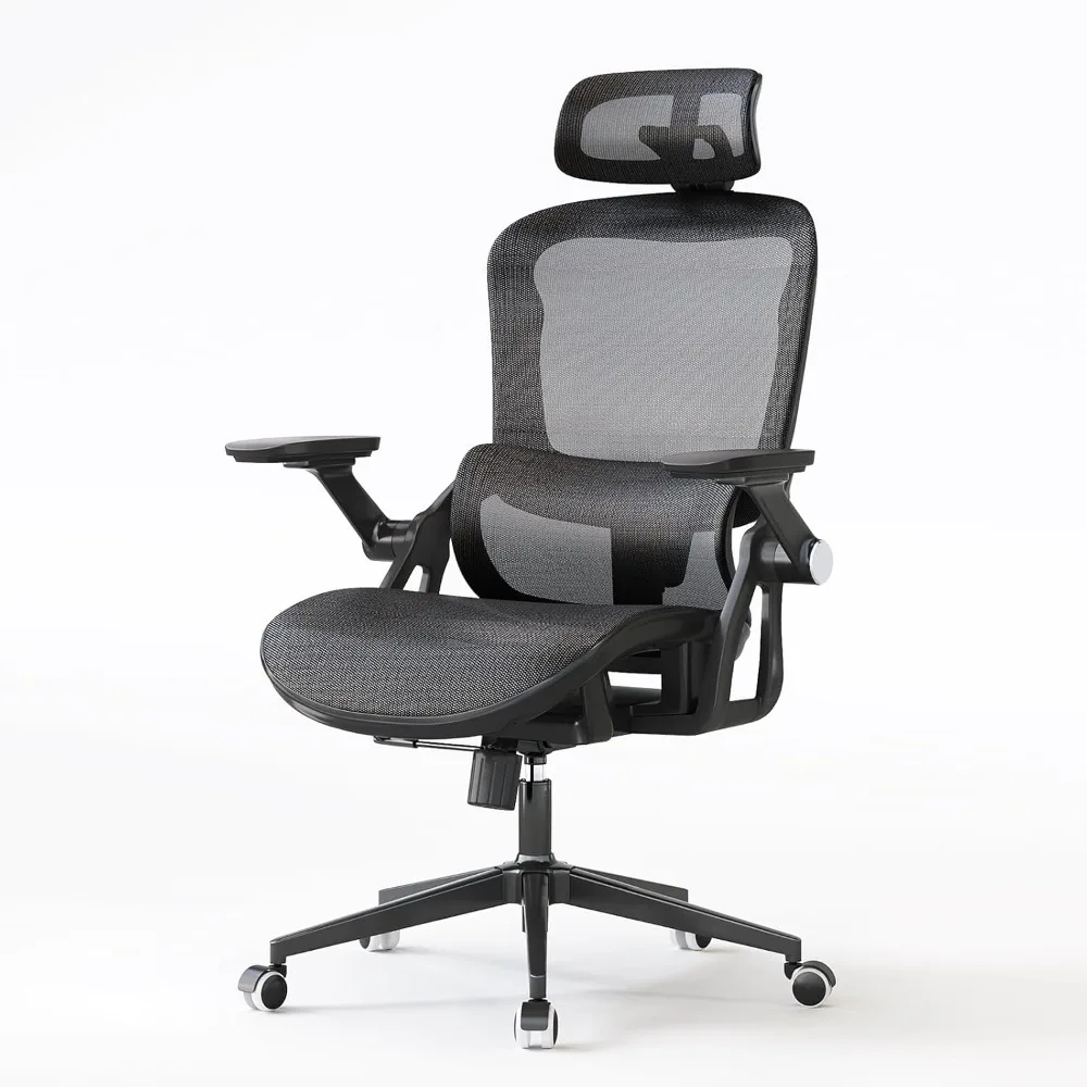 كرسي دوار مريح عالي الظهر مع دعم قطني ومسند للرأس، ارتفاع قابل للتعديل، وأذرع قابلة للطي، وميزة هزازة لـ Comf