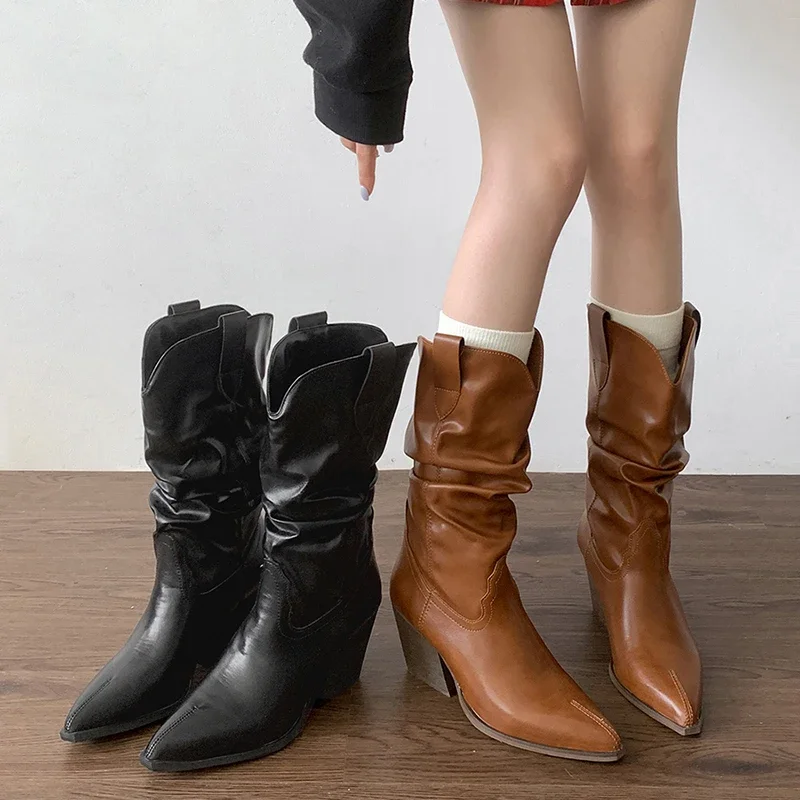 Vintage Pointed Toe Women Western Cowgirl Boots Fashion Slip On Shoes Autumn Winter Thick Heel Ladies Mid Calf Booties