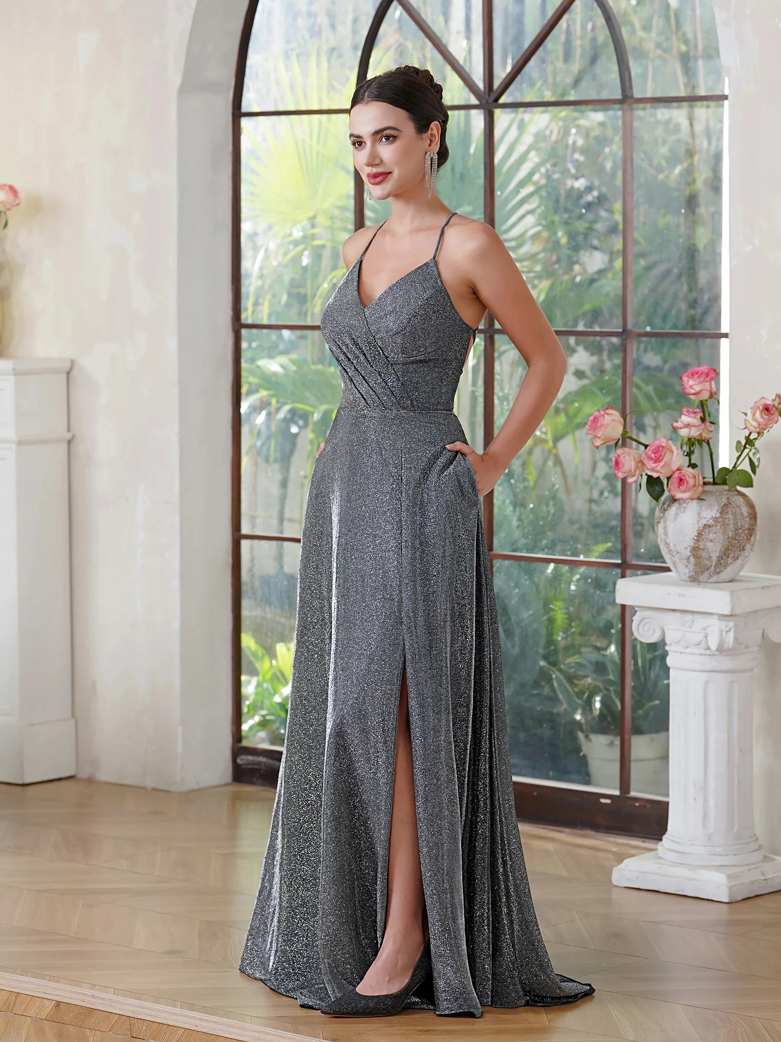 A-line Backless Slit Floor-length Prom Dresses For Women Party Spaghett Straps  Sexy Long Evening Formal Occasion Dresses