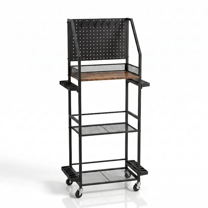 Multi-purpose Wheeled Fishing Storage Rack, Multi-layer Rod Organizer with Hooks for Fishing Gear Arrangement
