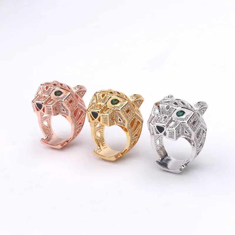 

SFE Europe America Luxury Fashion Style Men Women Lady Hollow Out Inlaid Full Zircon Leopard Head Plated Gold Color Lovers Ring