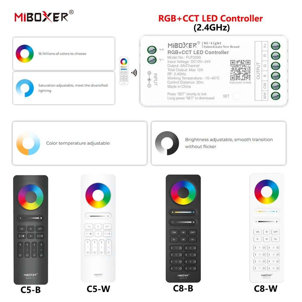 MiBoxer DC12~24V FUT039S+C5/C8 2,4GHz RF Wireless RGB+CCT 6A/Ch 16 Millionen Farben zur Auswahl LED-Controller für COB/LED-Streifen