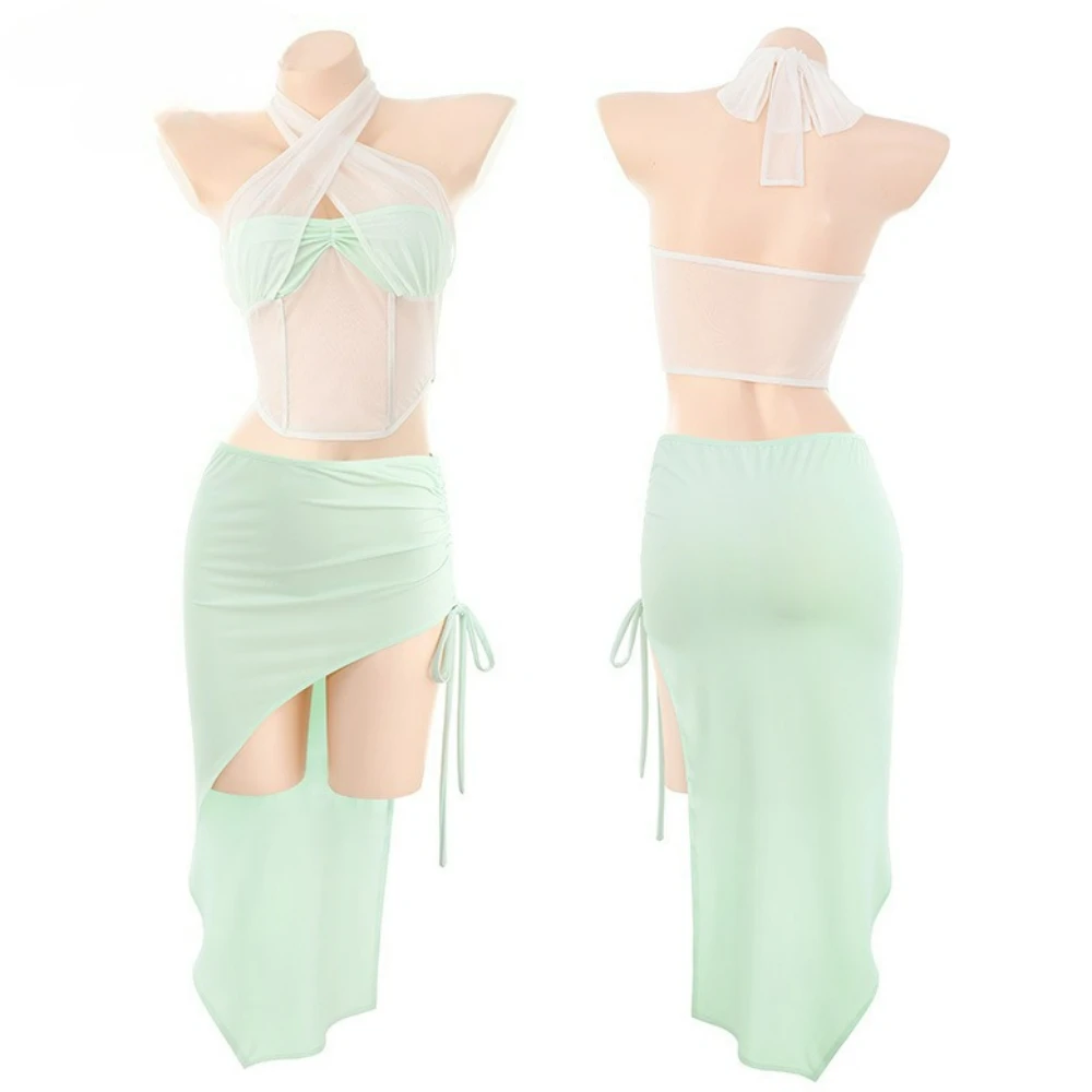 

2 Piece Set Solid Deep V-Neck Two Piece Sets Halter Top And Mini Skirts Backless Drees 2025 Summer Lady Vacation Beach Outfits