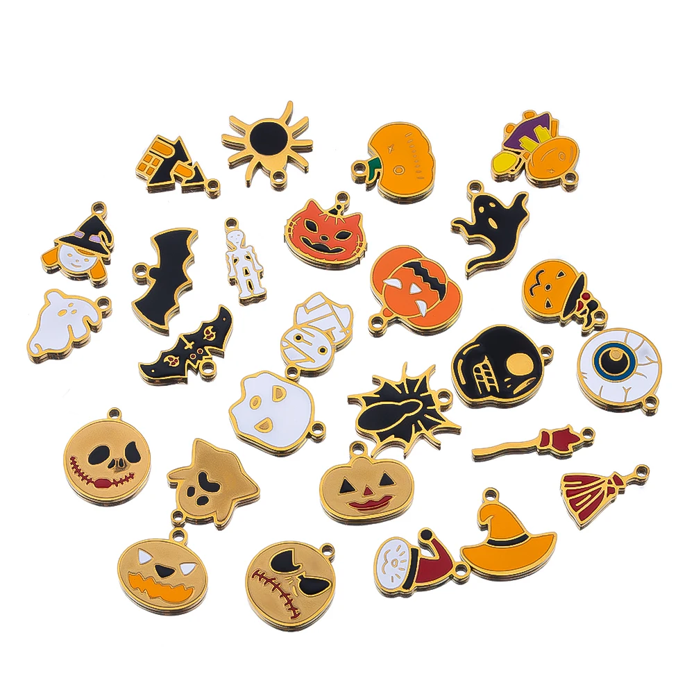 1pcs Stainless Steel Cartoon Halloween Enamel Charms Pumpkin Skeleton Ghost Bat Cat Pendants  for DIY Jewelry Making Accessories