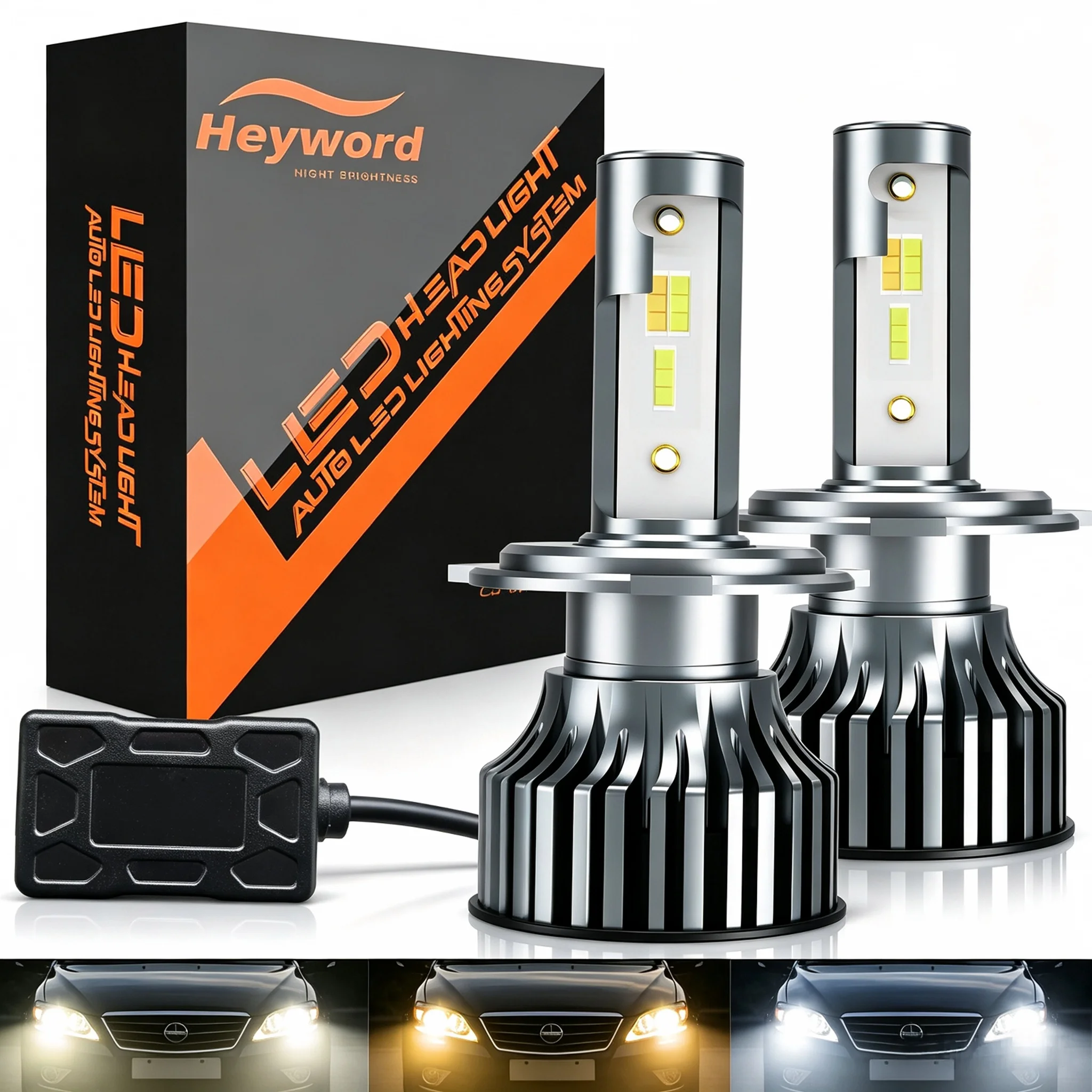 Heyword H4 LED H7 3 Color Changing Car Headlights Fog Lights 3000K 4500K 6500K Flash 500W Auto Lights 2 PCS H1 H3 H11 9005 H13