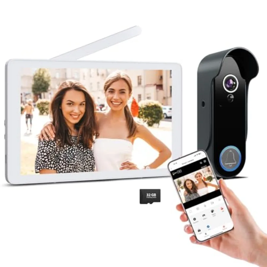 

Wireless Doorbell Camera with 8 Screen Monitor for Home Security, ABS Plastic, White, 1080P WiFi Video, Motion Detection, Night