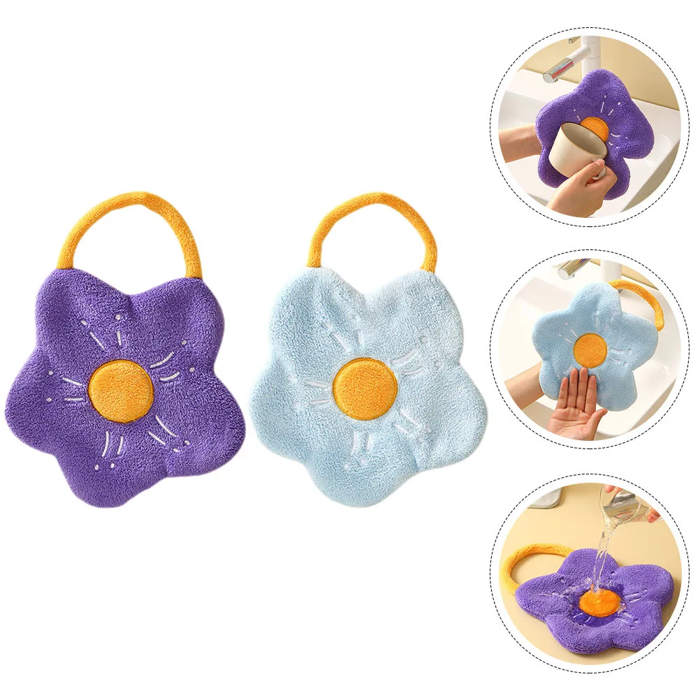 

2Pcs Coral Fleece Hand Towels Flower Shape Hanging Absorbent Towels for Bathroom Kitchen Quick Dry Reusable