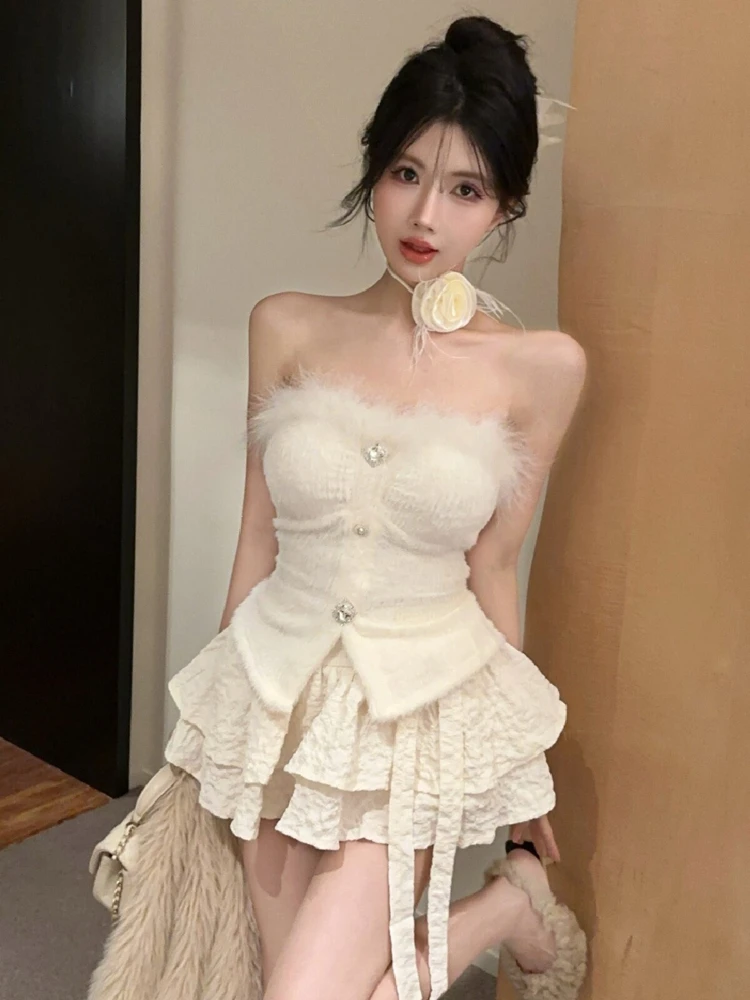 

Sexy split vest with plush design+high waist and fluffy slimming half body cake skirt women two piece set with neck flower