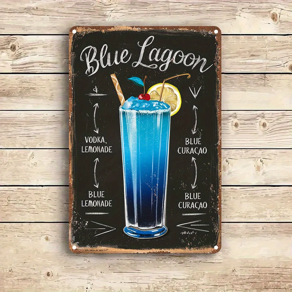 لافتة كوكتيل من الألومنيوم باللون الأزرق، ديكور فني جداري ثنائي الأبعاد بنمط عتيق، هدية مثالية، لوحة ملصق ريترو للمطبخ، غرفة الألعاب