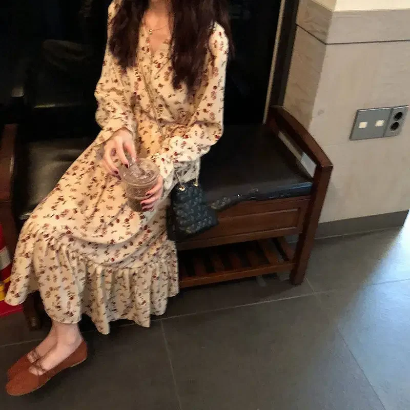 Midi Floral Dresses Women Flare Sleeve Tender Aesthetic Prairie Chic High Waist Casual Korean Style Holiday Trendy Spring Autumn