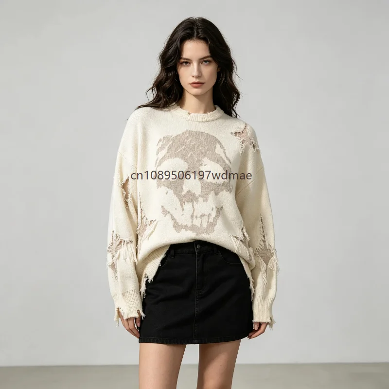 Gothic Streetwear Sweater For Unisex Skull Pattern Jacquard Knit Top Distressed Ripped Raw Hem Loose Long Sleeve Pullover Jumper