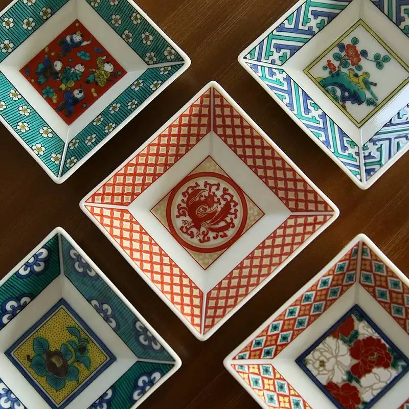 Authentic Japanese Imported Kutani Ware Painted Small Square Set, Square-Shaped Dessert Fruit Side Dish Ceramic Plate