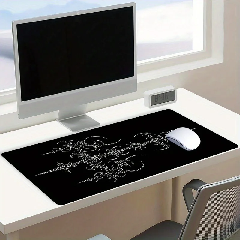 Alas Mouse Hitam Simbol Gotik Alas Meja Karet Anti Selip Besar dengan Tepi Dijahit Bantalan Keyboard Tahan Lama Dapat Dicuci untuk Kantor Rumah