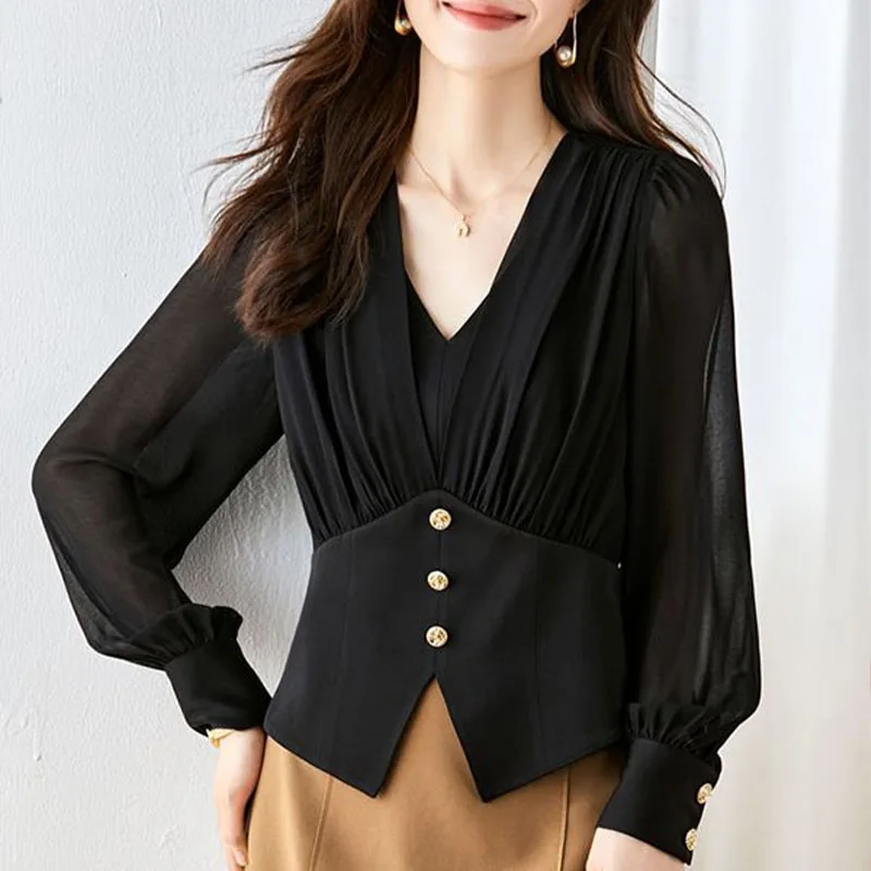 Women Clothing Fashion Casual V-Neck Chiffon Top Spring Summer Elegant Long Sleeve Blouse Office Lady Slim Chic Solid Shirt