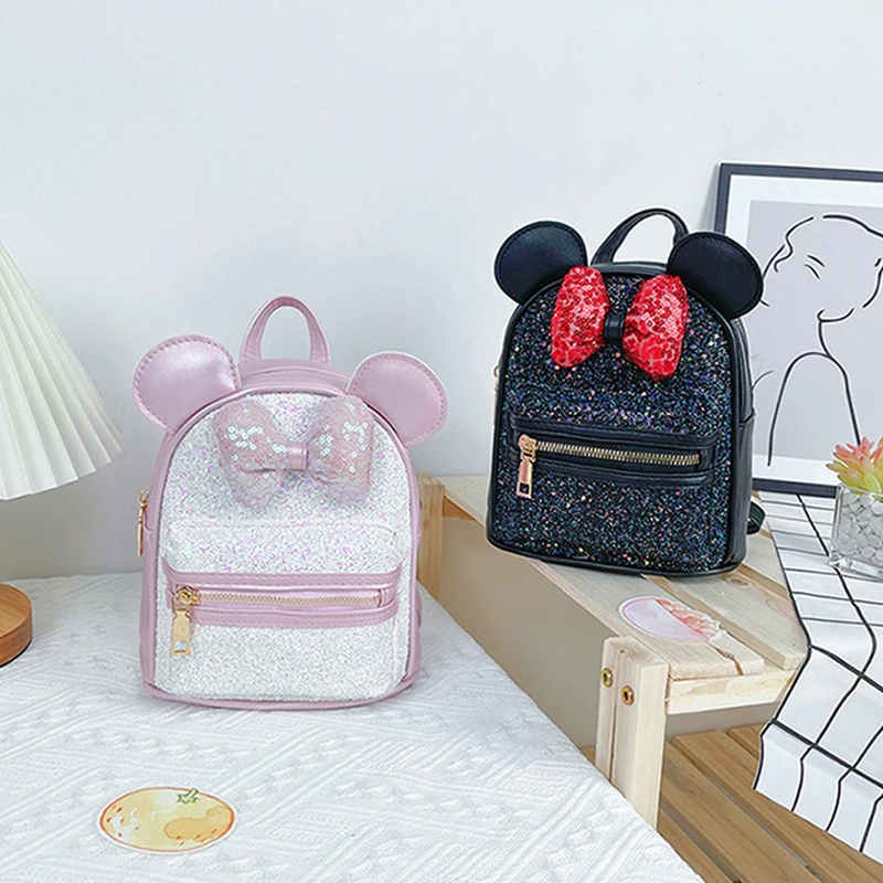 Disney Mickey Mouse mochila para crianças, lantejoulas arco orelhas schoolbag, desenhos animados grande capacidade, presentes de aniversário