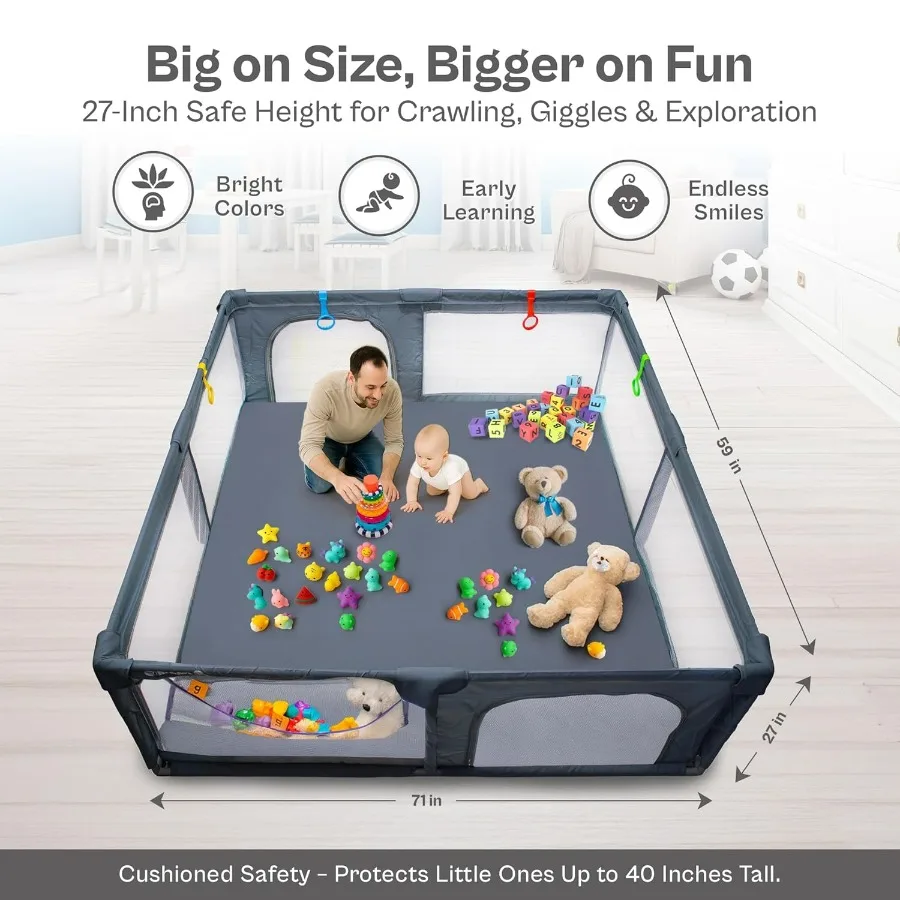 Cercadinho grande de 71x59 polegadas para bebês e crianças pequenas com portões com zíper cerca de segurança malha macia respirável atividade interna e externa ce