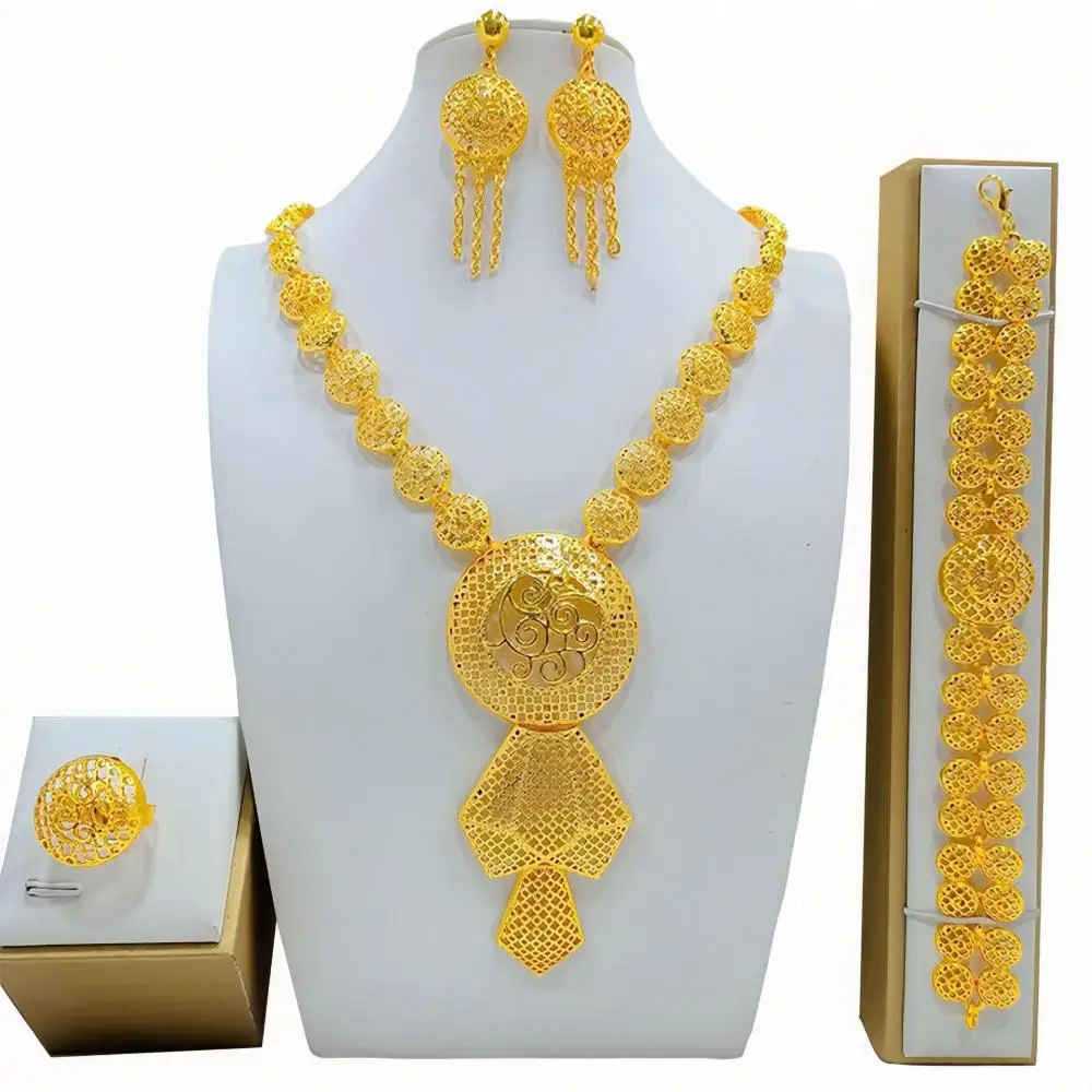 4PCS Indian Fashion Plated 24k Gold Color Charm Necklace Earrings Set African Wedding Jewelry Sets Bridal for Dubai Party Gift