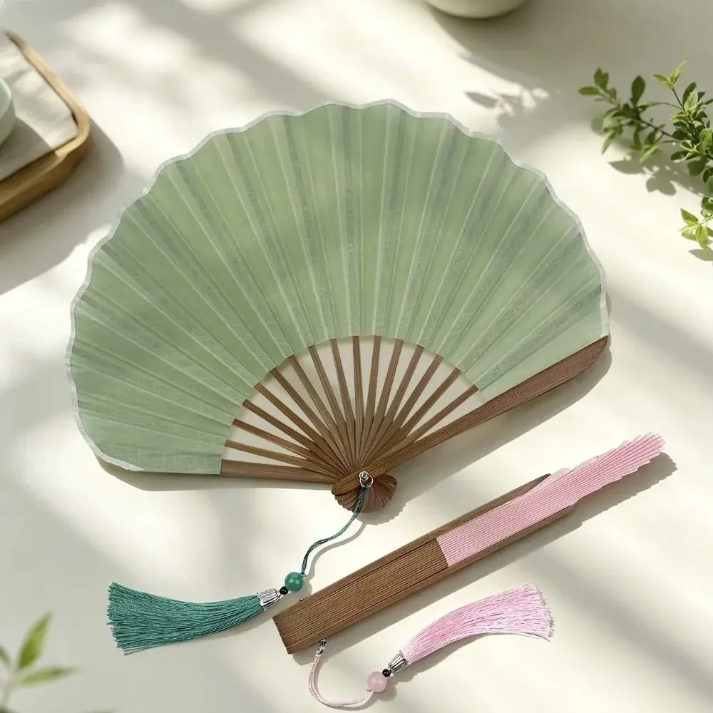 Vintage Mini Shell Shaped Folding Fan, Cotton Linen Fabric Bamboo Hand Fan with Tassel, Portable Decor Handheld Fan