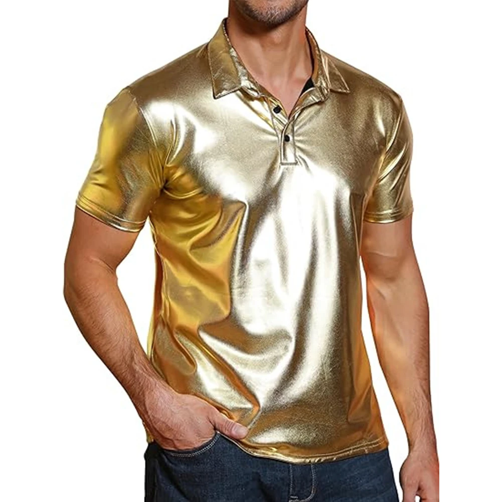 

Bronzing Shirt T Shirt Top Daily Holiday Short Sleeve Slight Stretch Solid Color Casual Lapel Mens Regular Male