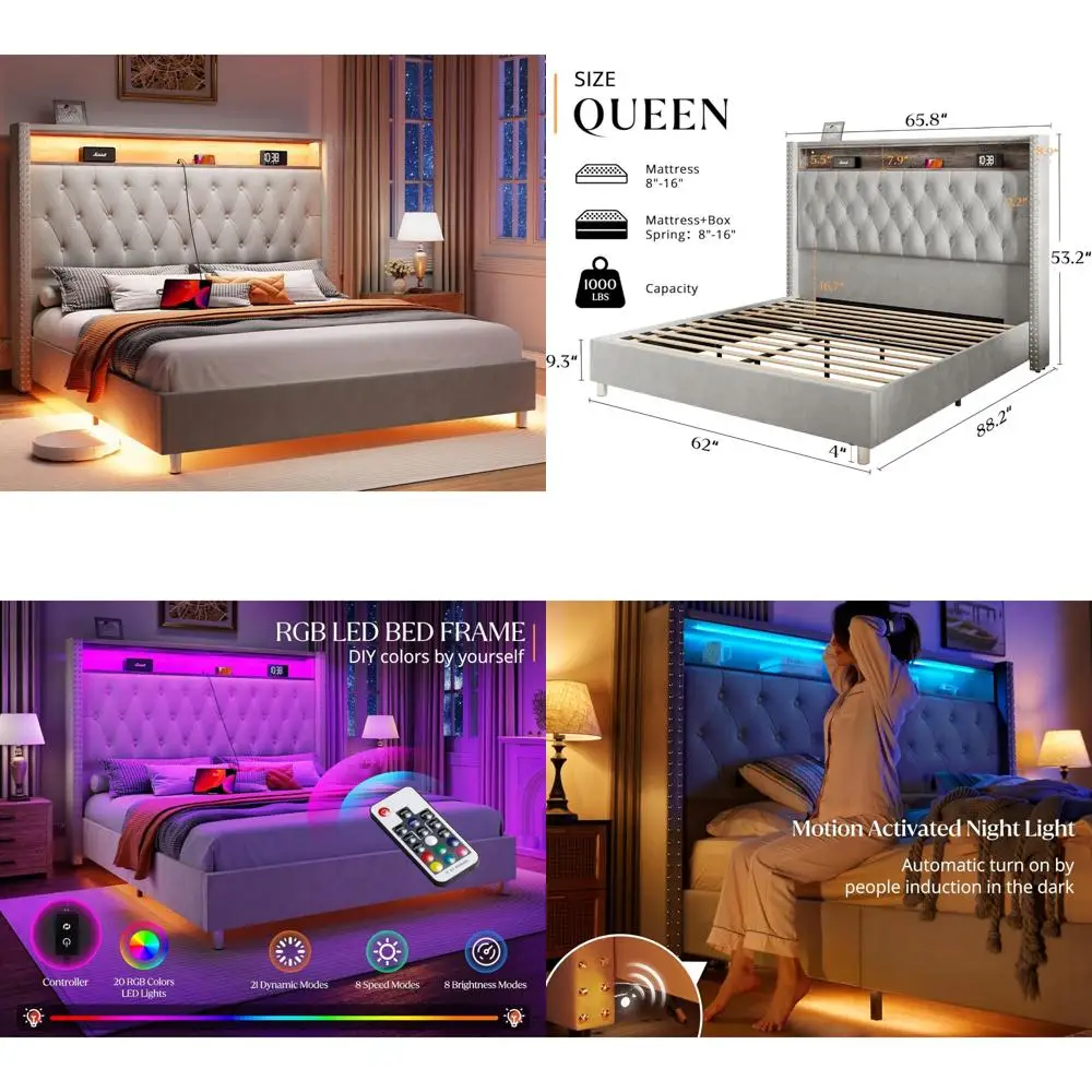Queen Size Velvet Upholstered Platform Bed with LED Lights, Charging Station, and Wingback Headboard