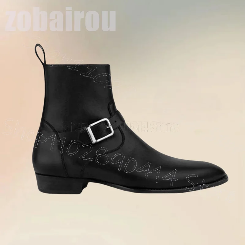 Black Buckle Matte Leather Mid Calf Boots Fashion Side Zipper Men Shoes Luxurious Handmade Party Dating Office Men Dress Shoes