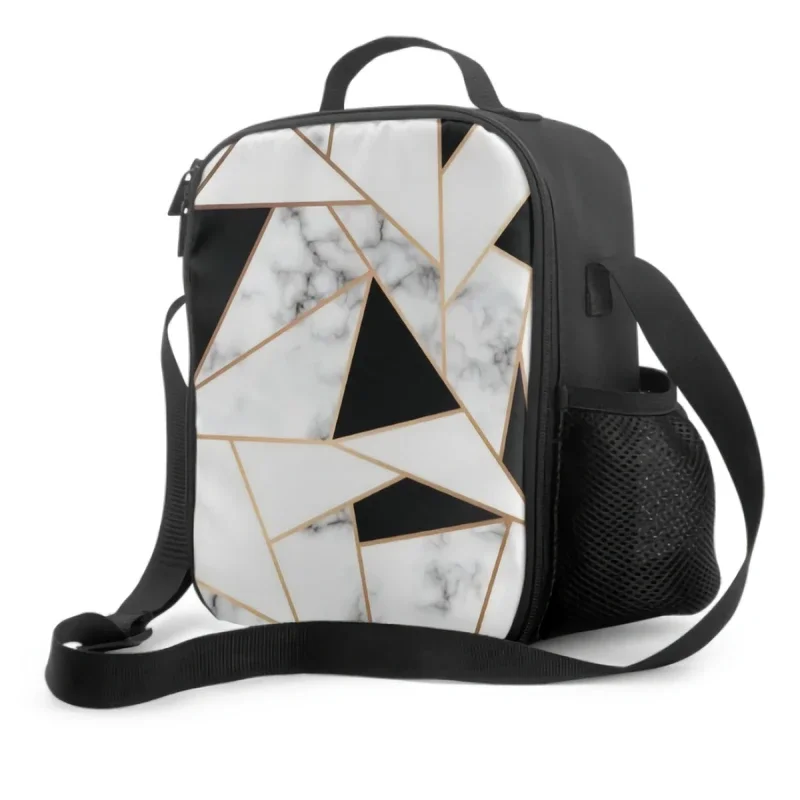 Black White Gold Marble Geometric Pattern Insulated Lunch Bag for School Work Office Picnic Tote Lunch Containers Cooler Bag