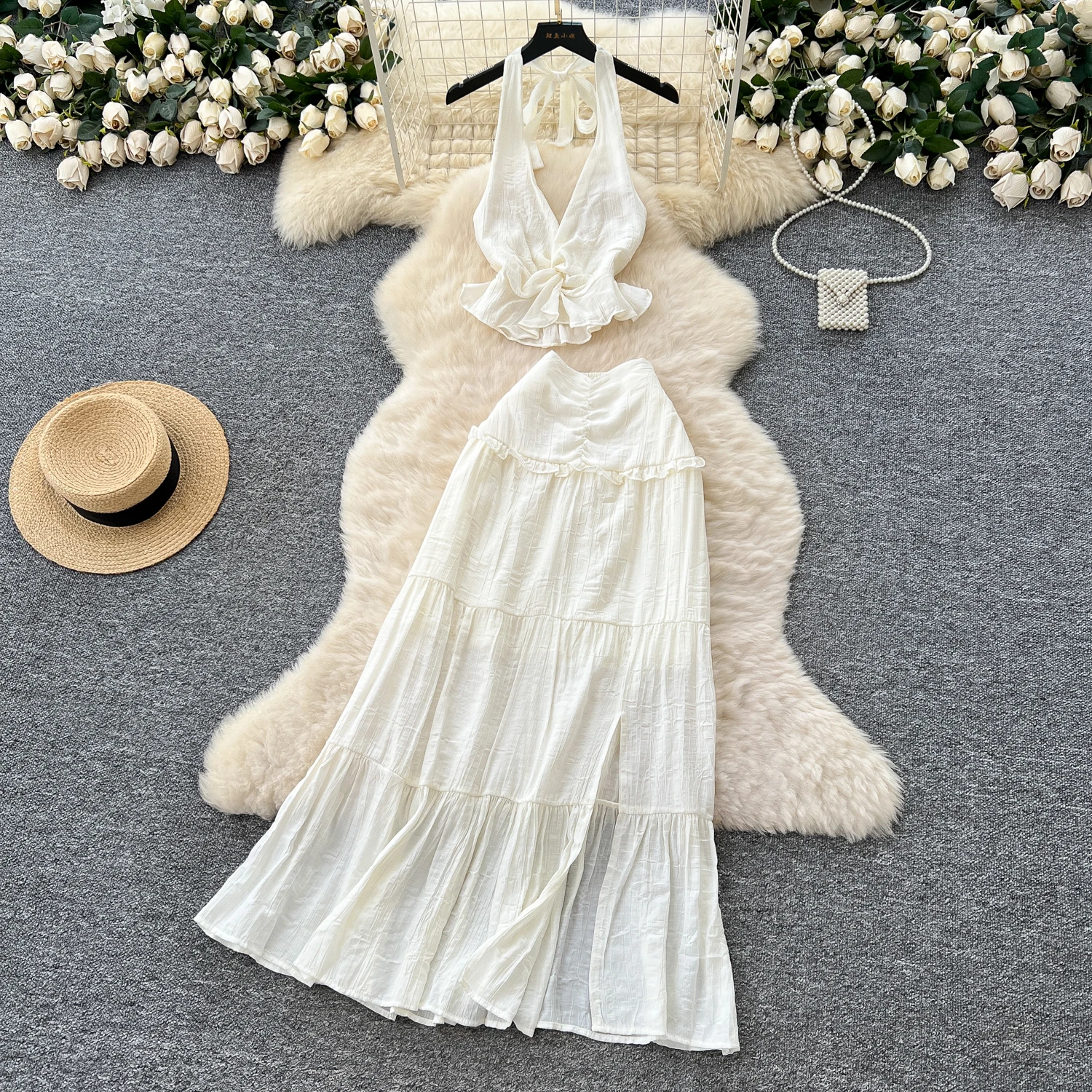 

Sexy sleeveless solid split Dress Chic Vintage Evening Party Club dress Women Chic hotsweet Slim Beach Two Piece Set