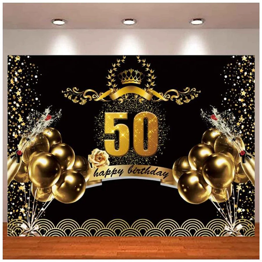 Photography Backdrop Black And Gold Banner Fifty Years Old 50th Happy Birthday Party Photo Background Decor For Men And Women