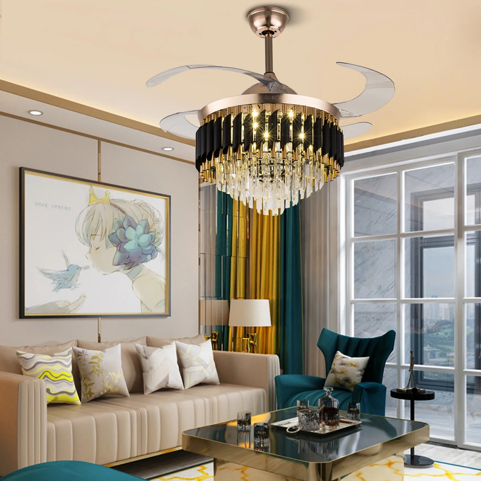 Retractable Ceiling Fans With LED Light Modern Home Decor Chandelier Ceiling Fan 3 Colors 3 Speeds 4 Invisible Blades