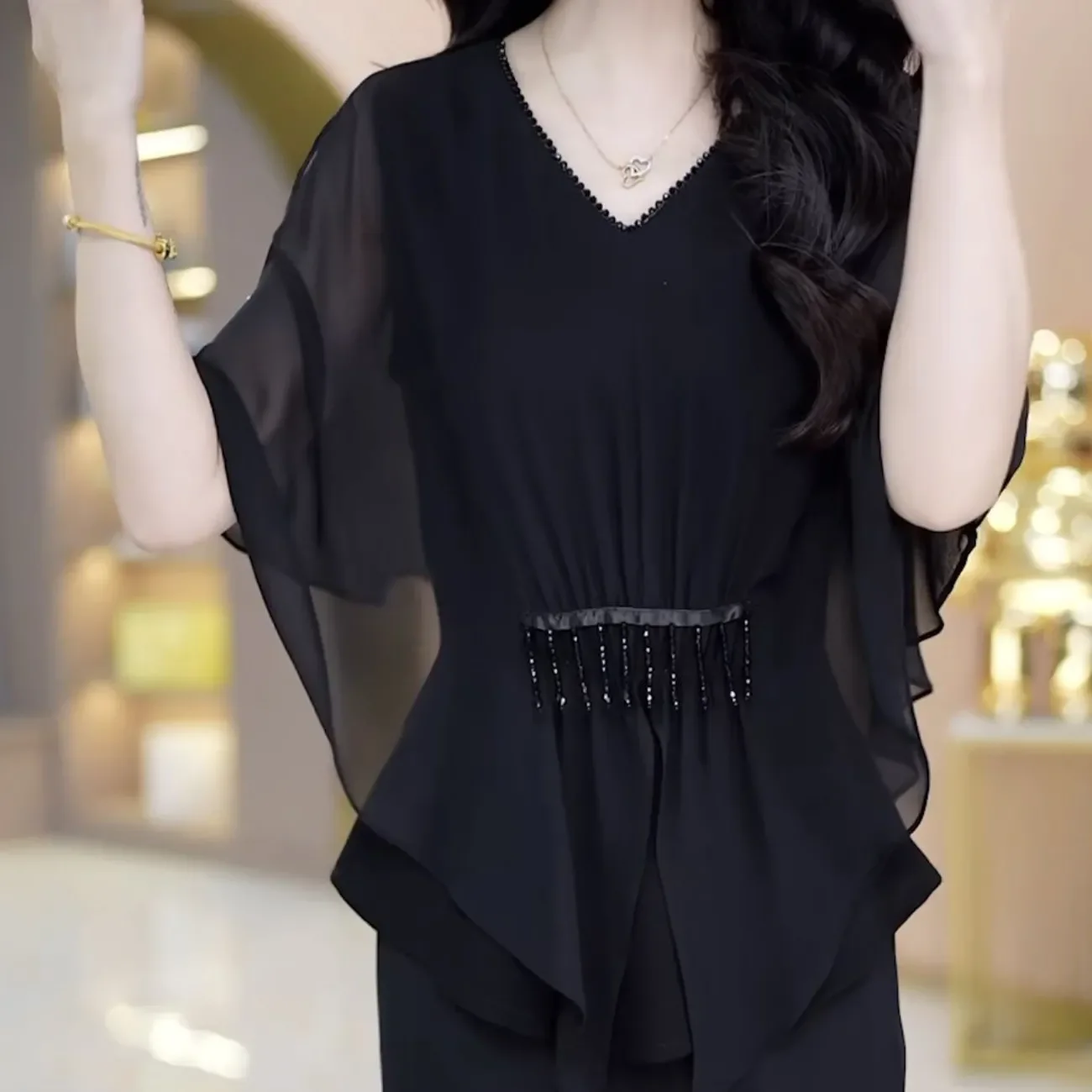 

Женский повседневный свободный модный шифоновый топ больших размеров для похудения, летний irt V-Ne ort Sve Batwing Sve