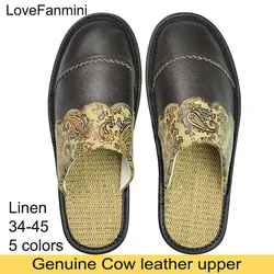 Genuine Cow Leather Linen Slippers Homes in indoor slipper Spring Autumn men women elderly non-slip casual single Slides shoes