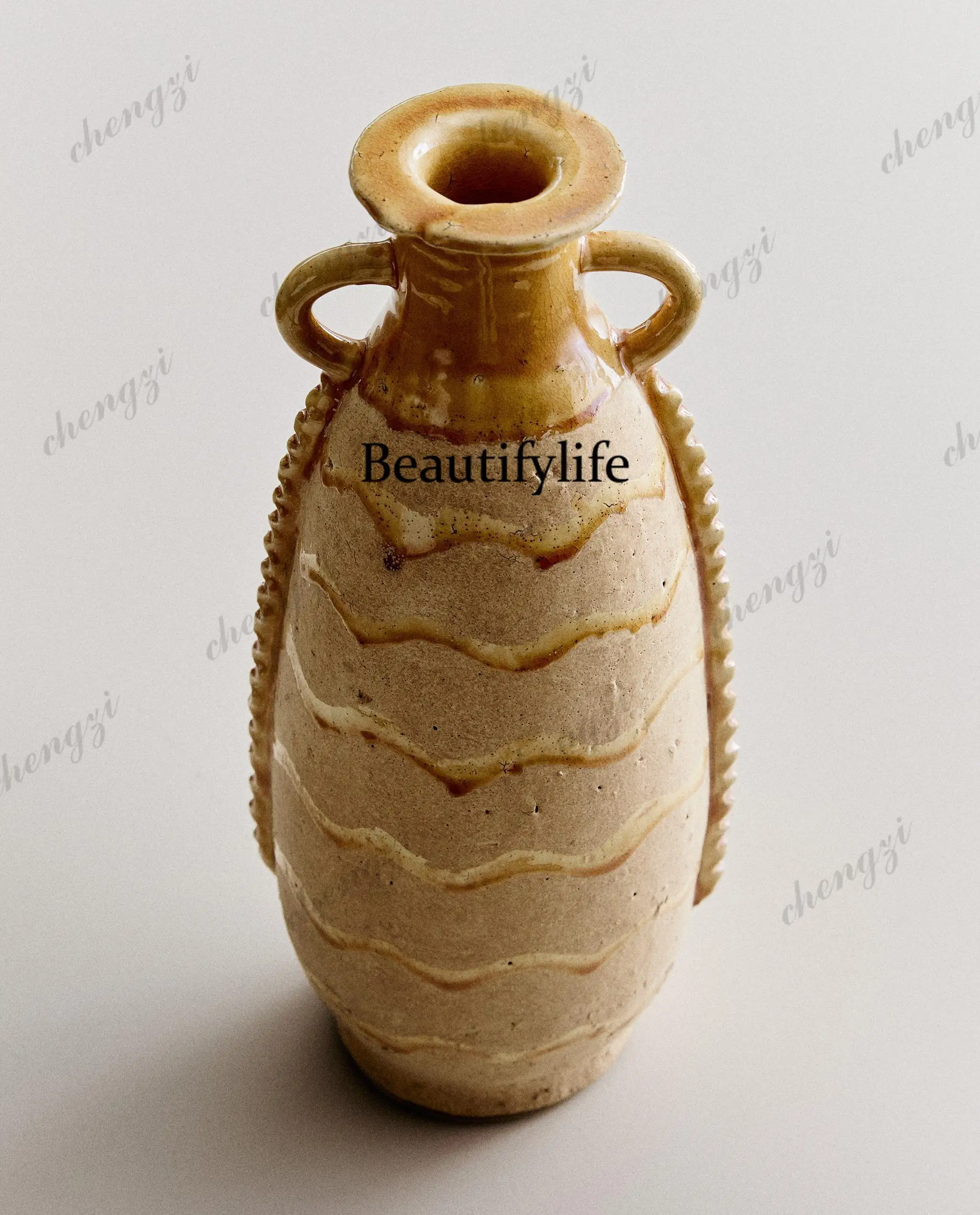 Corrugated relief with handle glazed red pottery decorative narrow mouth quaint vase